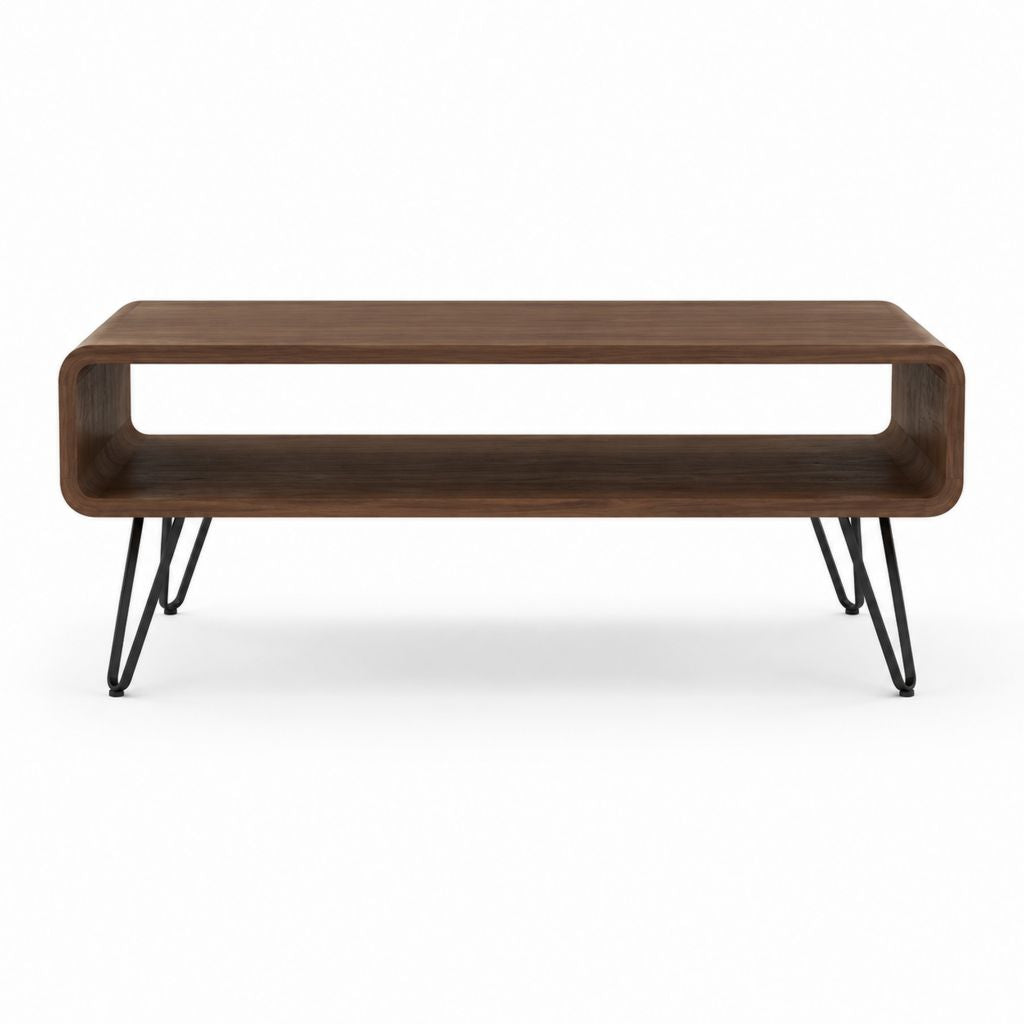 Couchtisch walnussbraun aus Sperrholz mit Walnussfurnier rechteckig 120 x 55 x 42 cm mit offenem Ablagefach und Stahlbeinen
