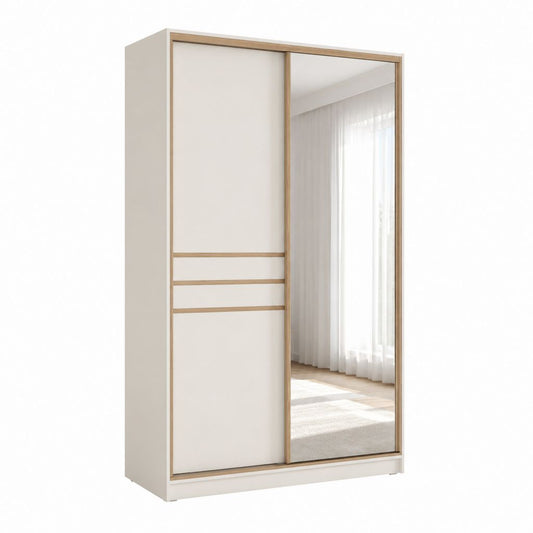 Schwebetürenschrank Kleiderschrank Weiß mit Eiche-Optik Spanplatte Spiegelglas rechteckig 120 x 60 x 200 cm