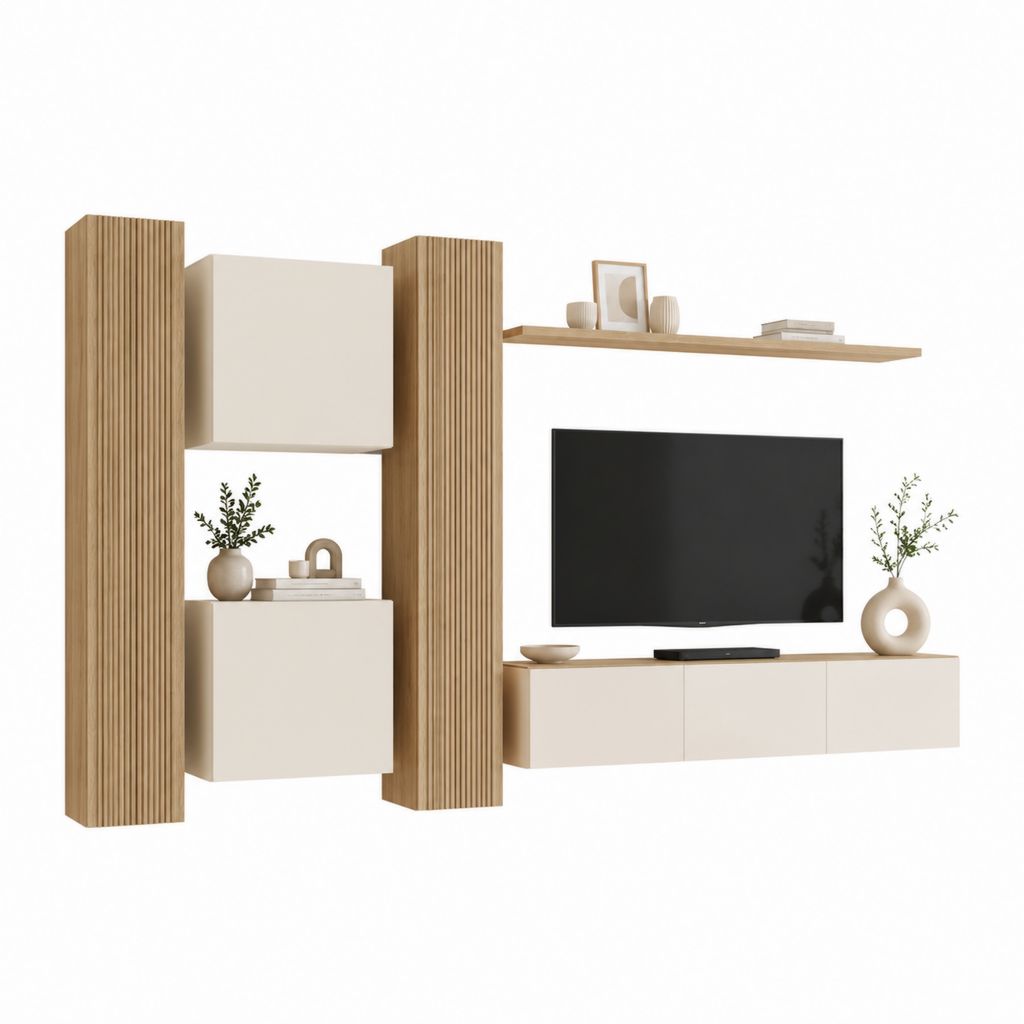 TV-Wandmöbel Set Beige Eiche Dekor MDF rechteckig 300 x 40 x 200 cm