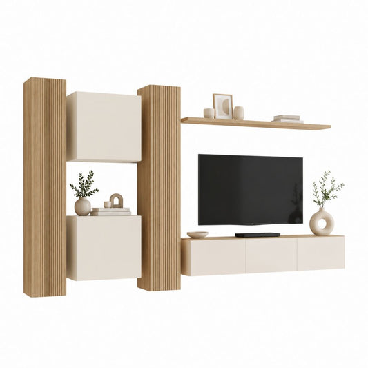 TV-Wandmöbel Set Beige Eiche Dekor MDF rechteckig 300 x 40 x 200 cm