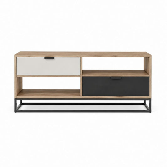 TV-Lowboard mit 2 Klapptüren 2 offenen Fächern Eiche-Optik Weiß Schwarz MDF Stahl rechteckig 120 x 50 x 40 cm
