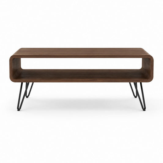Couchtisch walnussbraun aus Sperrholz mit Walnussfurnier rechteckig 120 x 55 x 42 cm mit offenem Ablagefach und Stahlbeinen