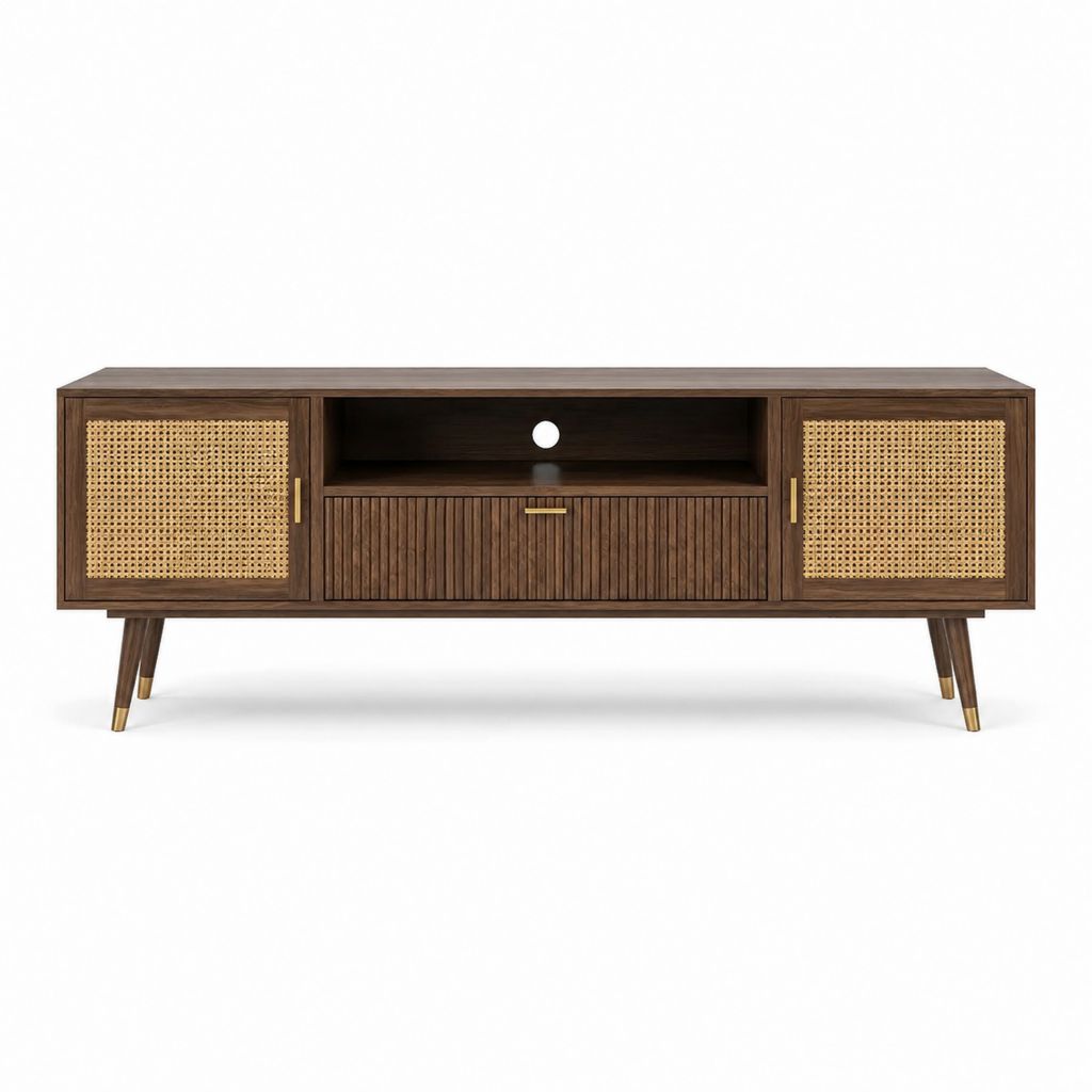 TV-Lowboard Fernsehtisch Walnussfurnier Natur-Rattan rechteckig 180 x 40 x 60 cm