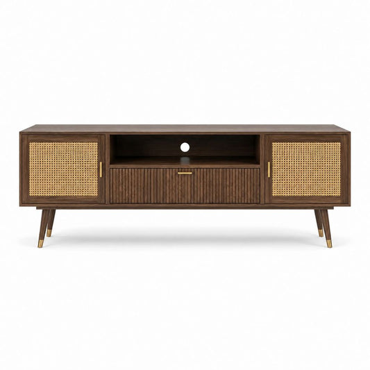 TV-Lowboard Fernsehtisch Walnussfurnier Natur-Rattan rechteckig 180 x 40 x 60 cm