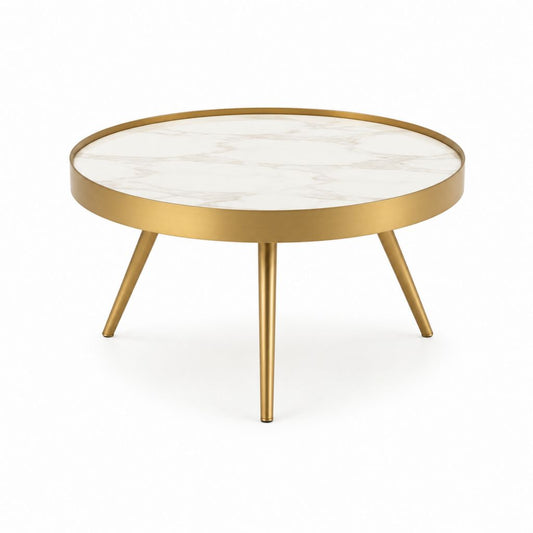 Runder Couchtisch Weiß Gold Marmor Stahl Ø 80 cm Höhe 45 cm