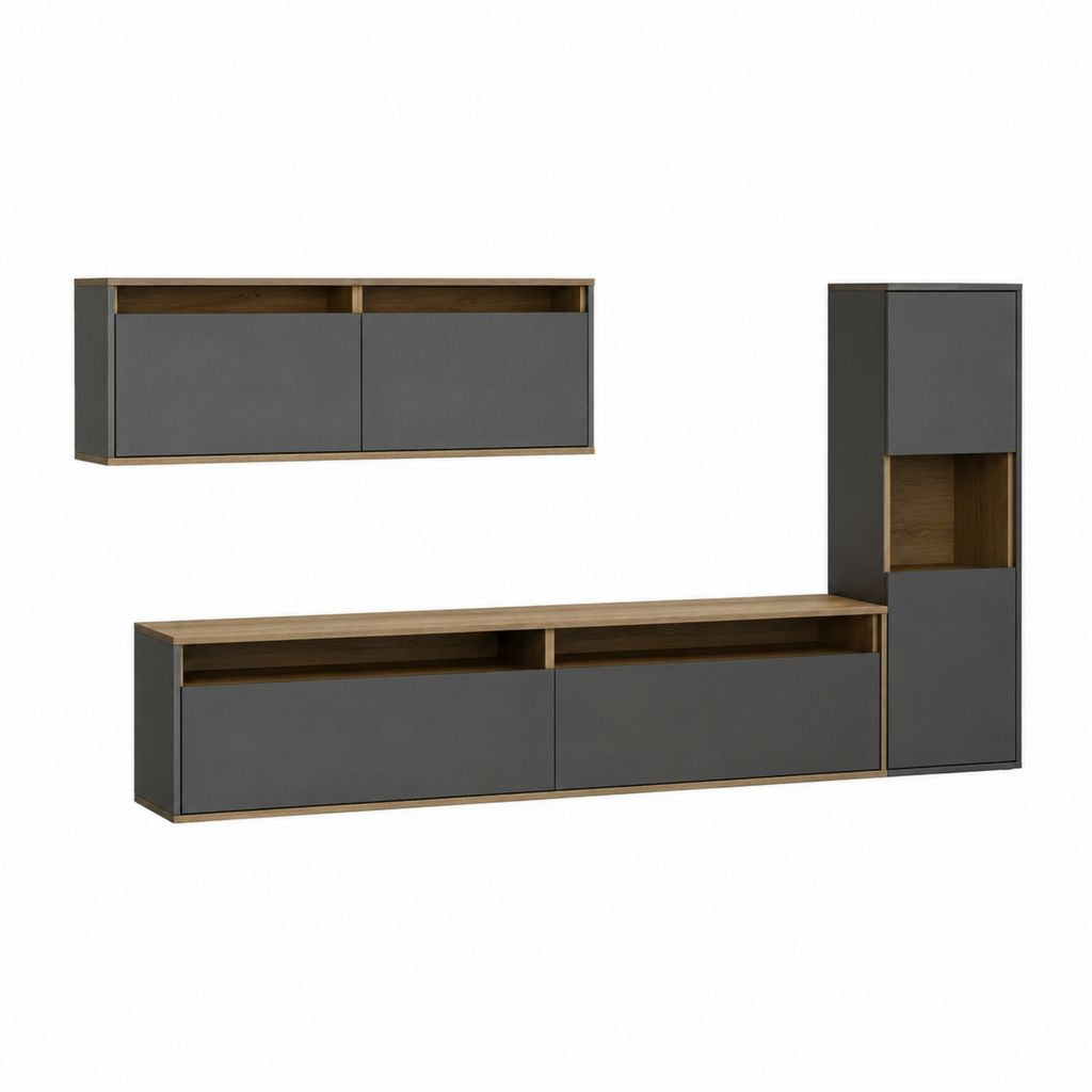 Wohnwand TV-Möbel Set 3-teilig Anthrazit Eiche-Dekor Spanplatte Rechteckig mit Lowboard 180 x 40 x 45 cm