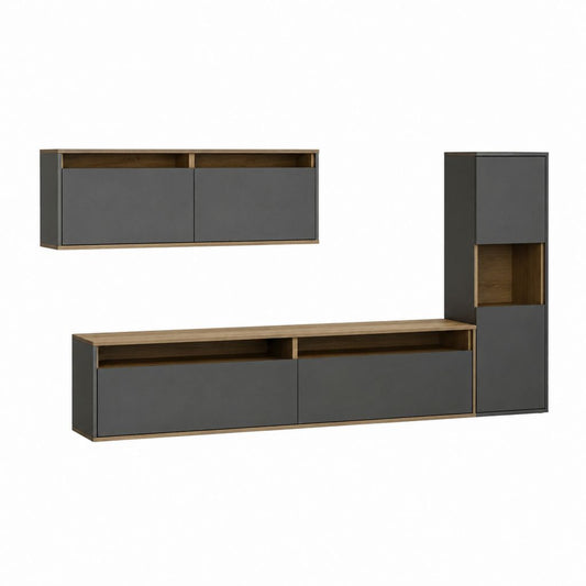 Wohnwand TV-Möbel Set 3-teilig Anthrazit Eiche-Dekor Spanplatte Rechteckig mit Lowboard 180 x 40 x 45 cm