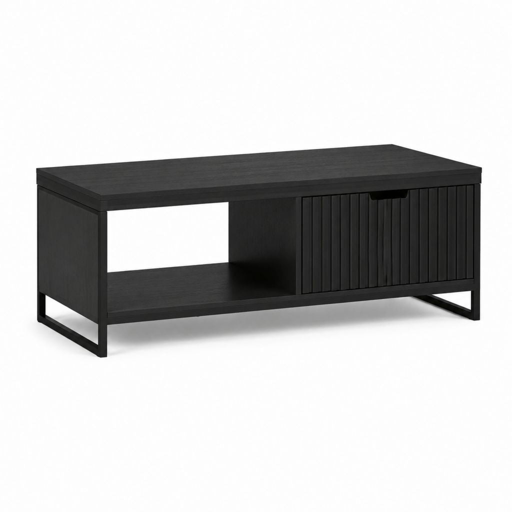 Couchtisch Schwarz aus MDF und Stahl rechteckig mit Schiebetür 100 x 40 x 45 cm